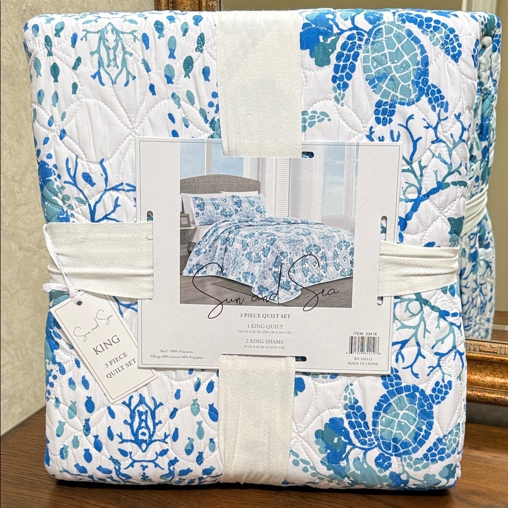 Blue and White Sun & Sea King 3 piece Quilt Set. Turtles and sea motif.
